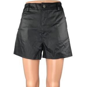Women's Black Coated Faux Vegan Leather High Waist Wide Leg Mini Shorts Size L